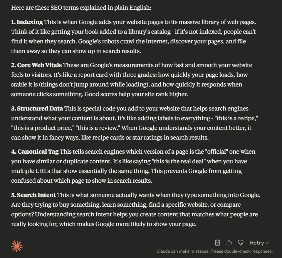 Claude Sonnet 4, simplified SEO definitions
