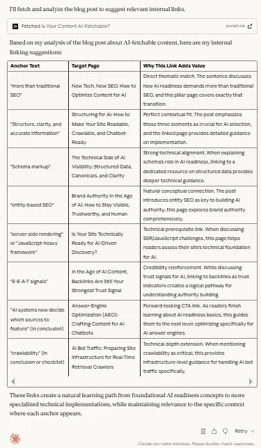 Claude Sonnet 4.5, internal linking suggestions